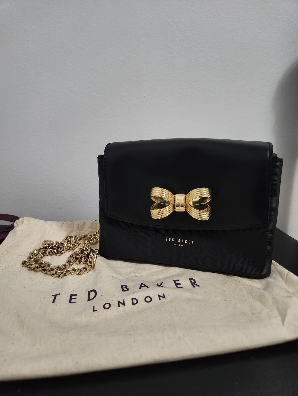 Ted Baker Black Crossbody Handbag With Gold Hardware And Stain Leopard Interior